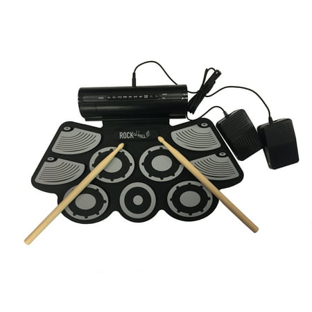 Rock And Roll It - Studio Drum. Flexible, Completely Portable, rechargeable battery (inclluded) OR USB powered drum Attached speaker + 2 Drum Sticks + Bass Drum & Hi hat pedals (Best Bass Drum Pedal For Electronic Drums)