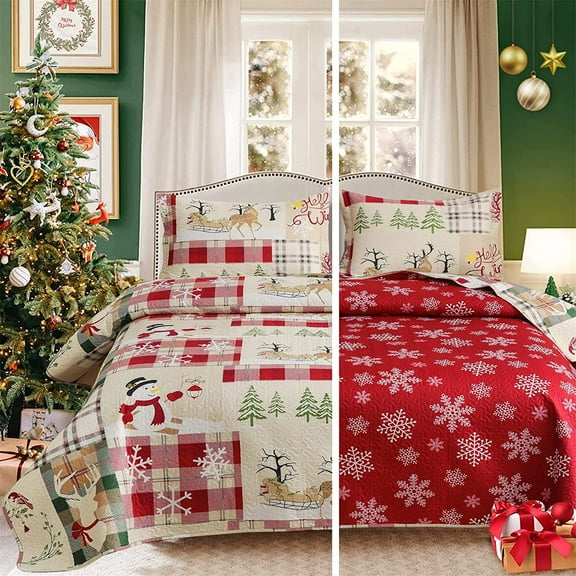 Green Essen Christmas Quilt Set Queen/Full Size Reversible Rustic Quilt Cabin Bedspreads Reindeer Bells Coverlet Lightweight Bed Cover with 2 Pillowcases