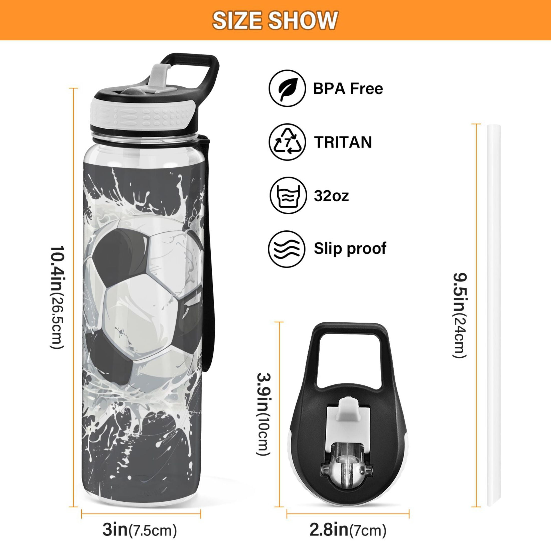 32 Oz Sports Water Bottle with Straws Soccer Ball Tritan Clear Bottles BPA Free Leakproof Cup for Outdoor School Gym Fitness