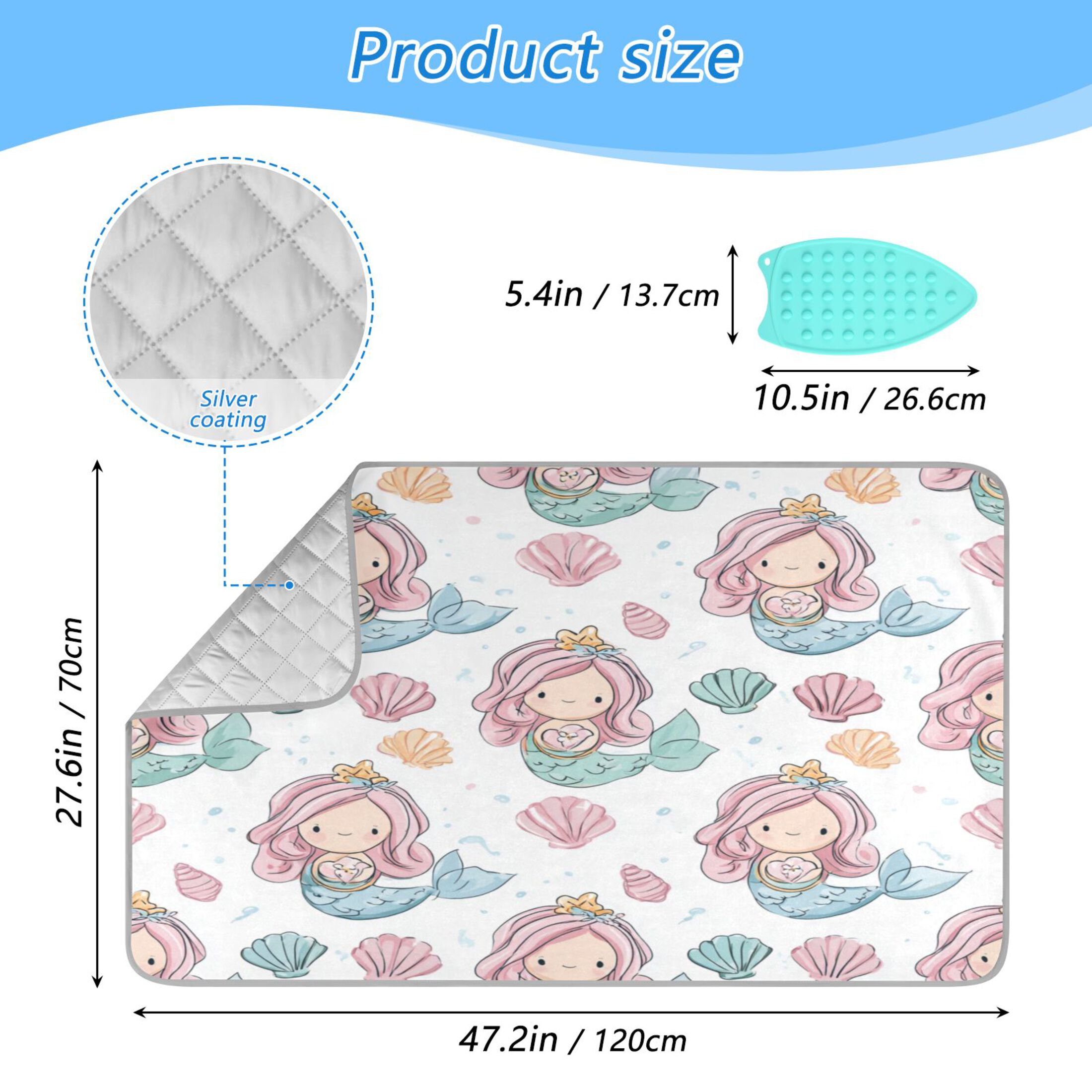 Ironing Mat Portable Ironing Blanket for Table Top Travel Ironing Pad for Washer Dryer 27.6" x 47.2" Pastel Colors Mermaid