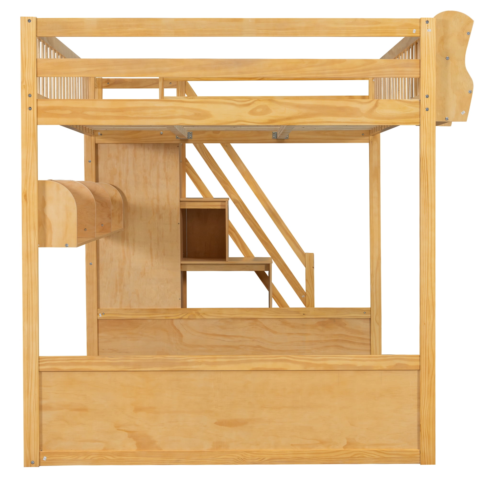 Euroco Wood Queen Size Loft Bed with Staircase and Wardrobe, Storage Bed with Cabinets and Shelves, Natural