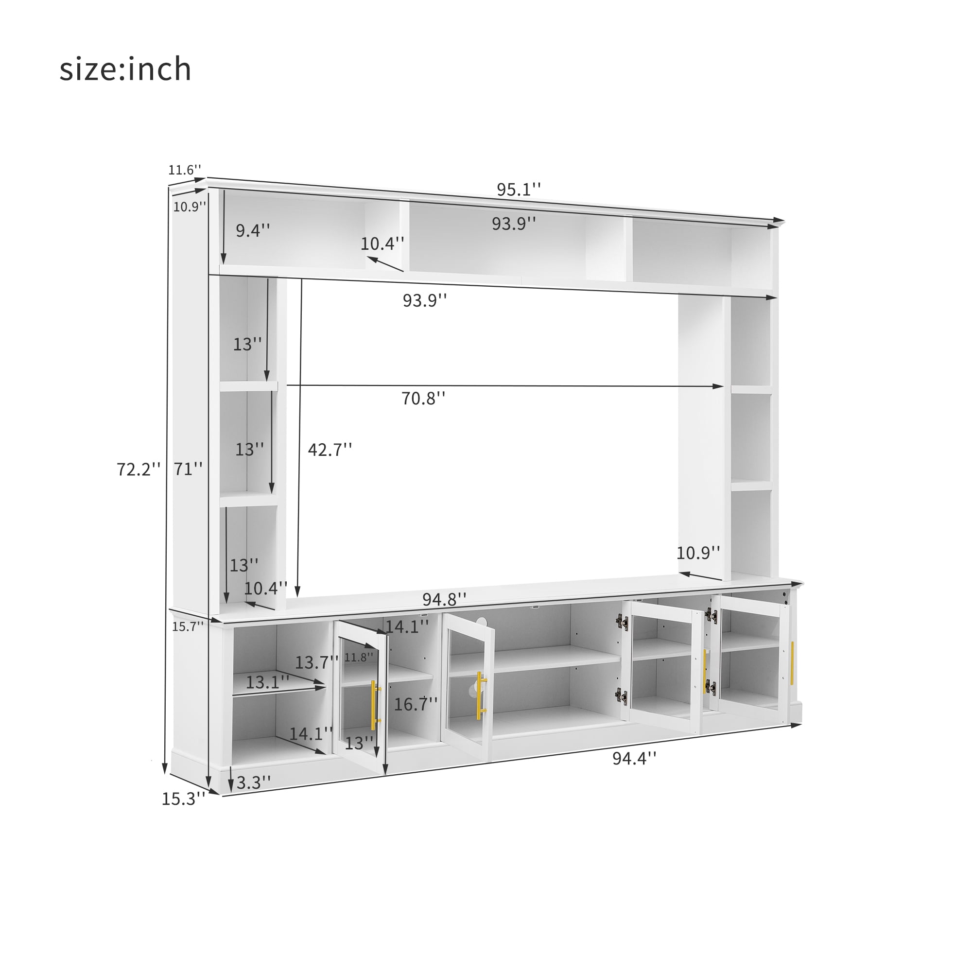Euroco Entertainment Center Wall Unit for TVs up to 80", All-in-One Modern Entertainment Center with Bookshelves & Tempered Glass Doors, TV Console Unit with Shelving for Living Room, Entertainment