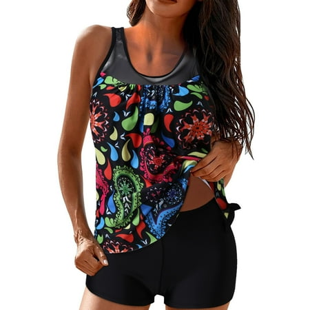 Lolmot Women Vintage Print Strappy Back Tankini Set Two Piece Swimdress with High Waist Panty