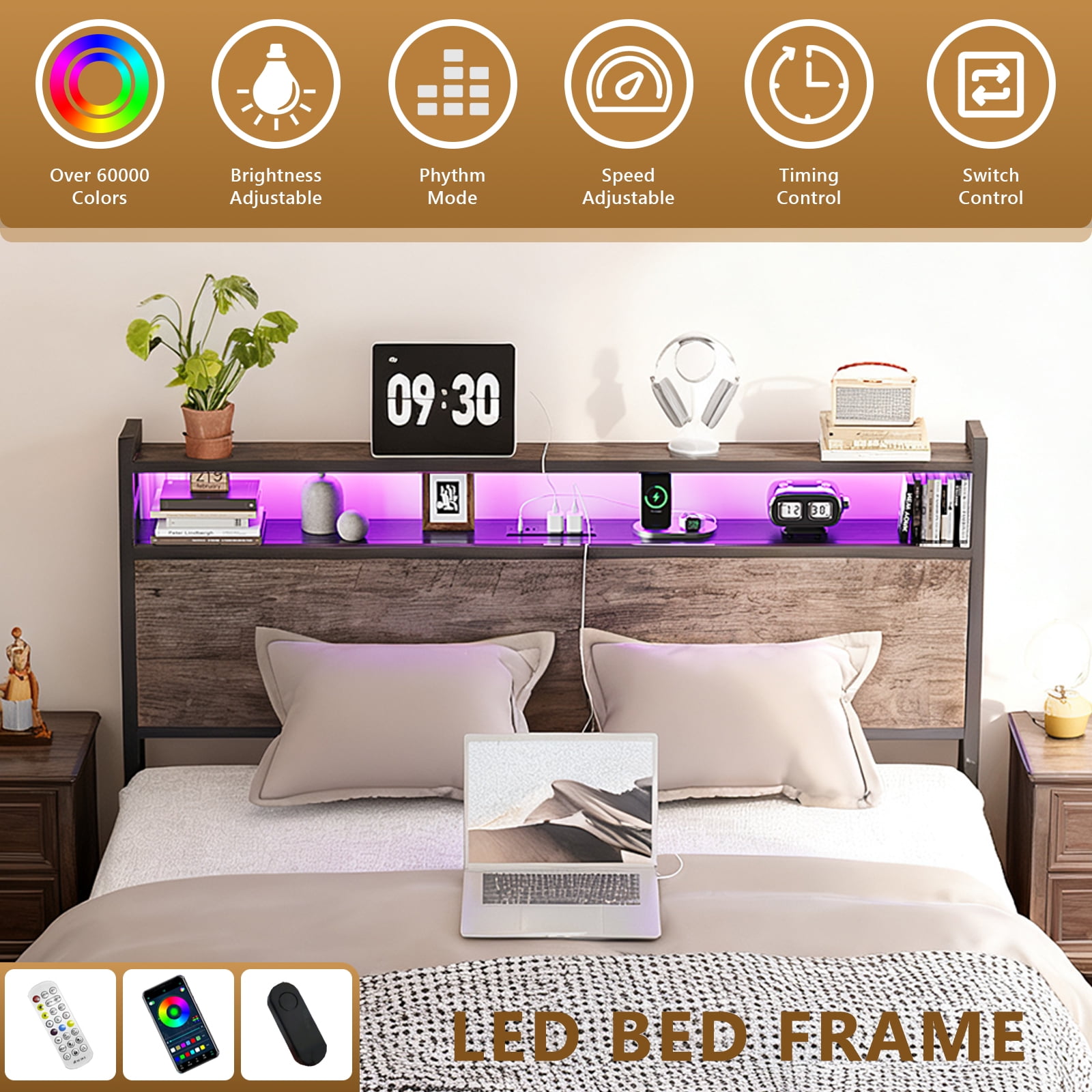 Ktaxon King Size Bed Frame with Charging Station & LED Storage Headboard, Metal Platform Bed Frame with 4 Underbed Drawers for bedroom, Gray