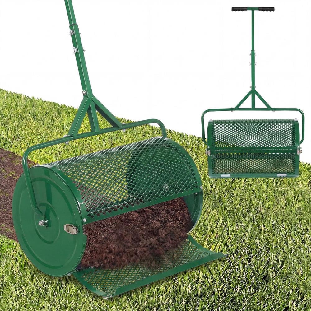 Topcobee 24 Inch Compost Spreader Peat Moss Spreader Roller with Height-Adjustable T-Shaped Handle, Garden Spreaders for Lawns-Green