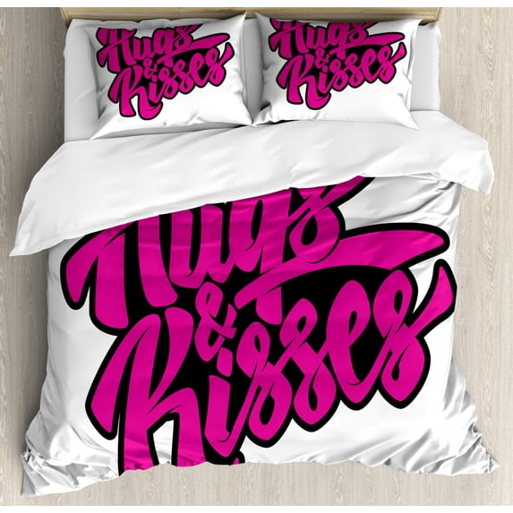Hug Duvet Cover Set Queen Size, Love Theme Hugs and Kisses Calligraphy Modernistic Lettering, Decorative 3 Piece Bedding Set with 2 Pillow Shams, Charcoal Grey Magenta and White, by Ambesonne
