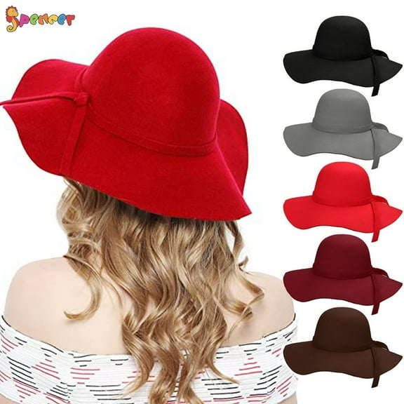 Spencer Women's Winter Floppy Wide Brim Hat Wool Retro Fedora Floppy Felt Bowler Hat Sun Cap (Red)