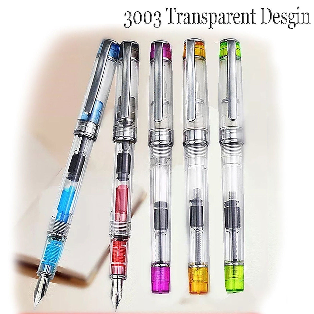 One Pack of 12 Jinhao 599A Safari Transparent Fountain Pens Fine Nib 5 Colors 