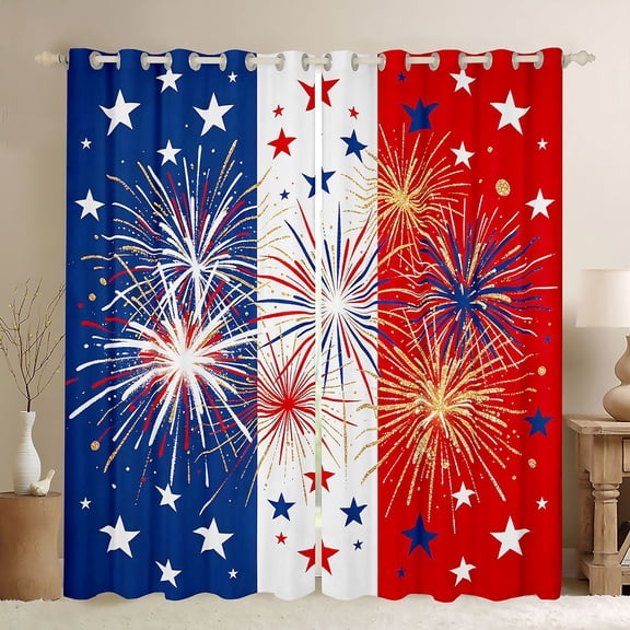 Manfei Firework Star Kitchen Curtains, Red White Blue Stripe Black Out Curtains Pack of 2 (42x63 Each)