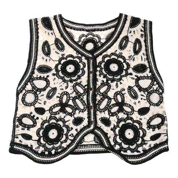 JUNTEX Women Vintage Hollow Out Crochet Crop Vest Embroidery Floral Sleeveless Jacket
