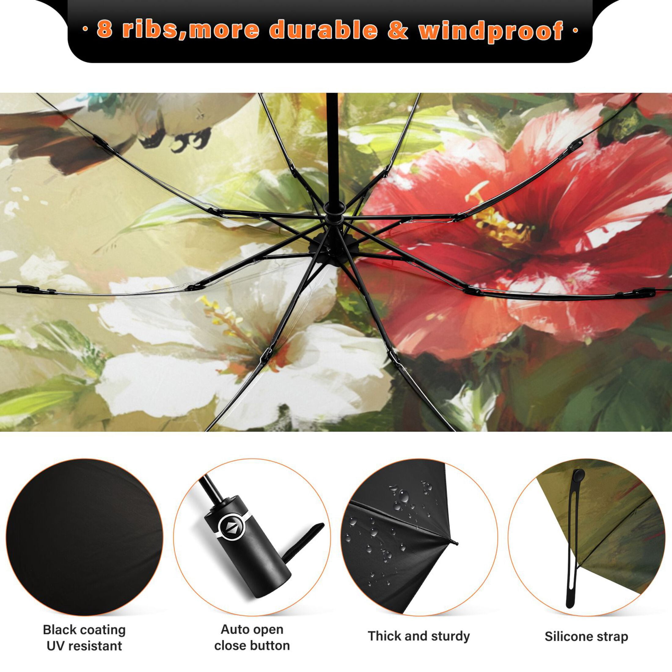 Hummingbird and Hibiscus Extra Large Automatic Umbrella, UV Protection, Waterproof, Auto Open and Close