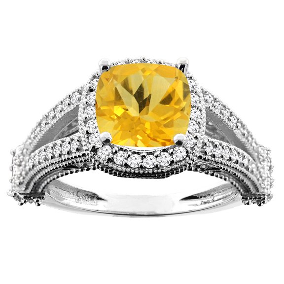 14K White Gold Natural Citrine Split Shank Ring Cushion 7x7mm Diamond Accent, size 7.5