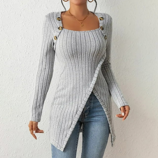 TINZ Chandails Légers Asymétriques pour Femmes Manches Longues Chemises Décontractées Automne Tunique à Boutons Col Roulé Haut Pack pour Femmes Haut de Course Femmes Chemises Athlétiques Femmes Coupe Ample