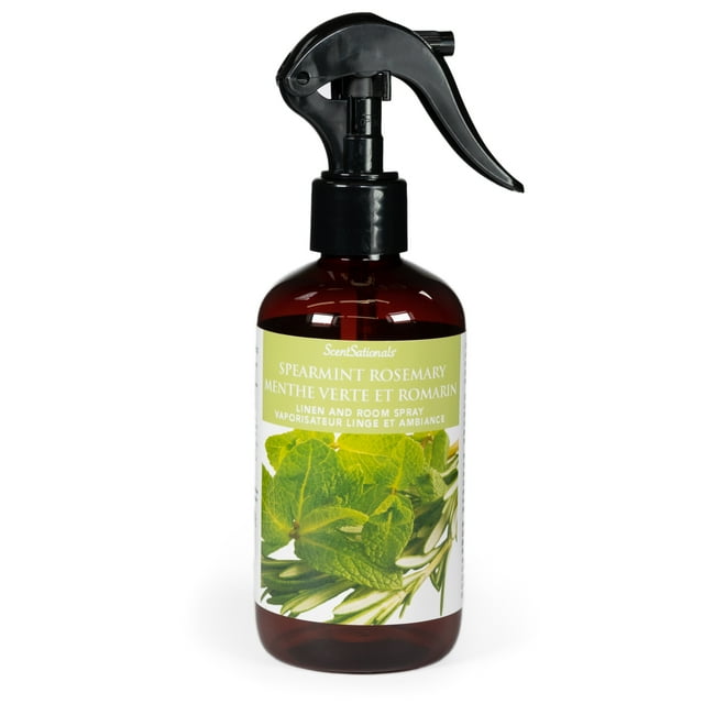 Amber spray bottle of ScentSationals Spearmint Rosemary linen and room spray with green herb illustration on the label.