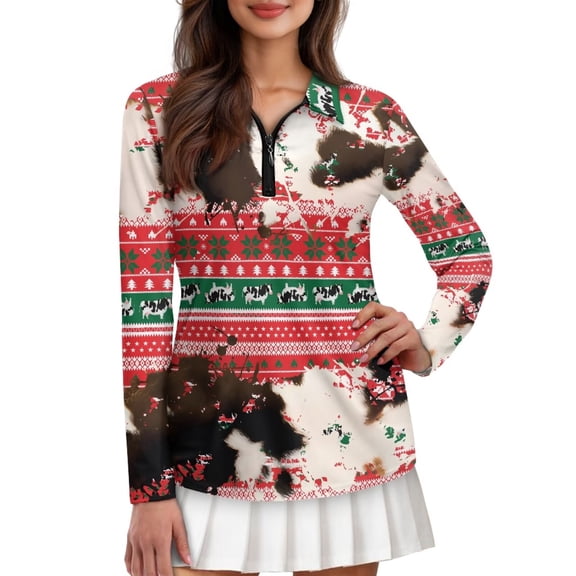 Garronmavis Golf Shirt Women Long Sleeve Collar Tennis Shirts Workout Shirts Work Athletic Tops Western Aztec Shirt, Red Aztec Western, Size XL