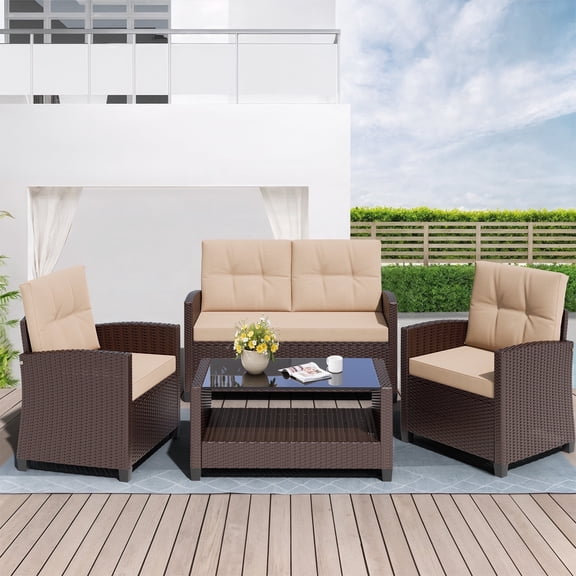 Walsunny 4 Pieces Outdoor Sectional Conversation Wicker Patio Furniture Set with Cushion Table for Backyard,Porch,Garden,Poolside Balcony,Gray