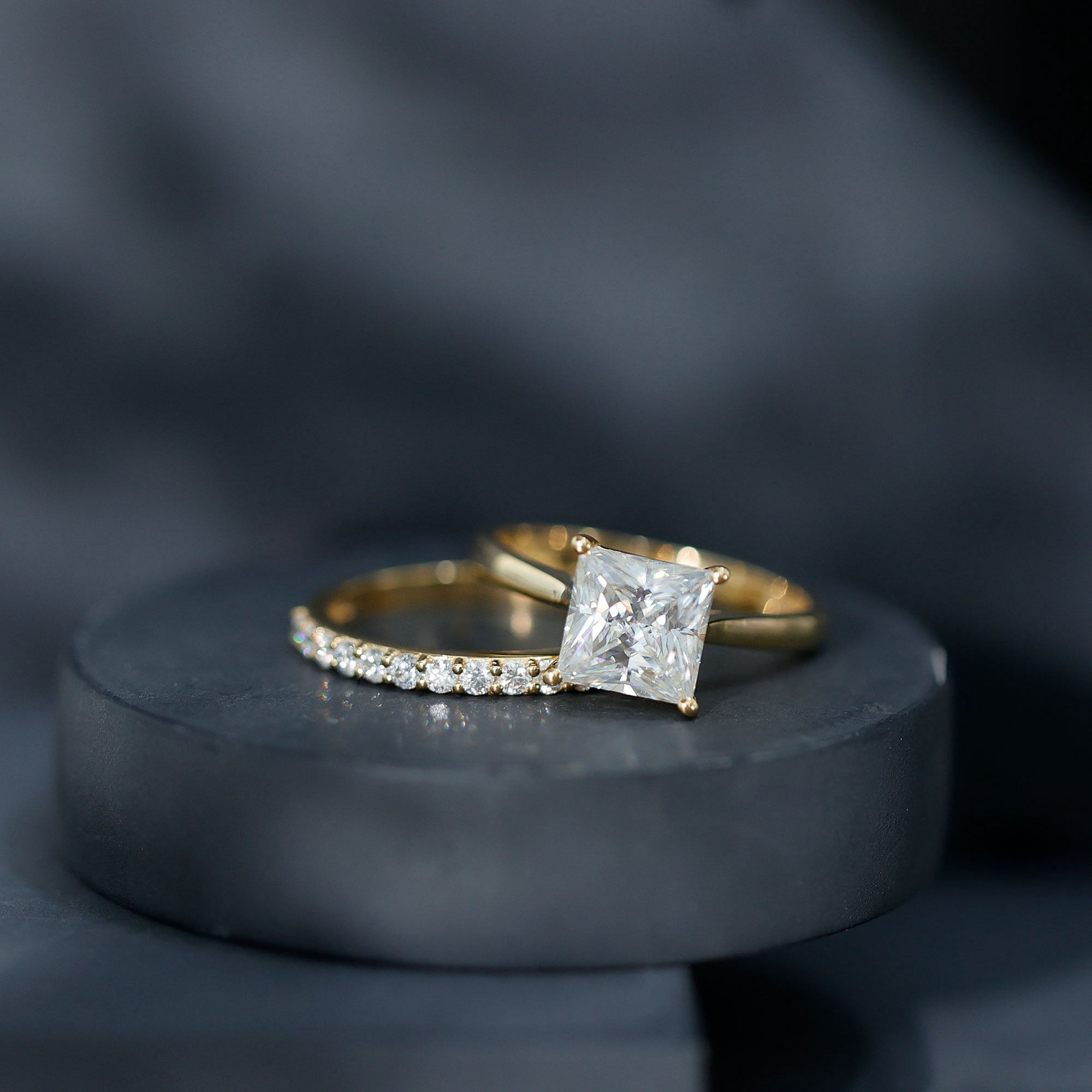 Rosec Jewels Moissanite Wedding Ring Set for Women - 3 Carat Engagement Ring with Enhancer - D-VS1 Grade Certified, 10K Yellow Gold, US 3.00