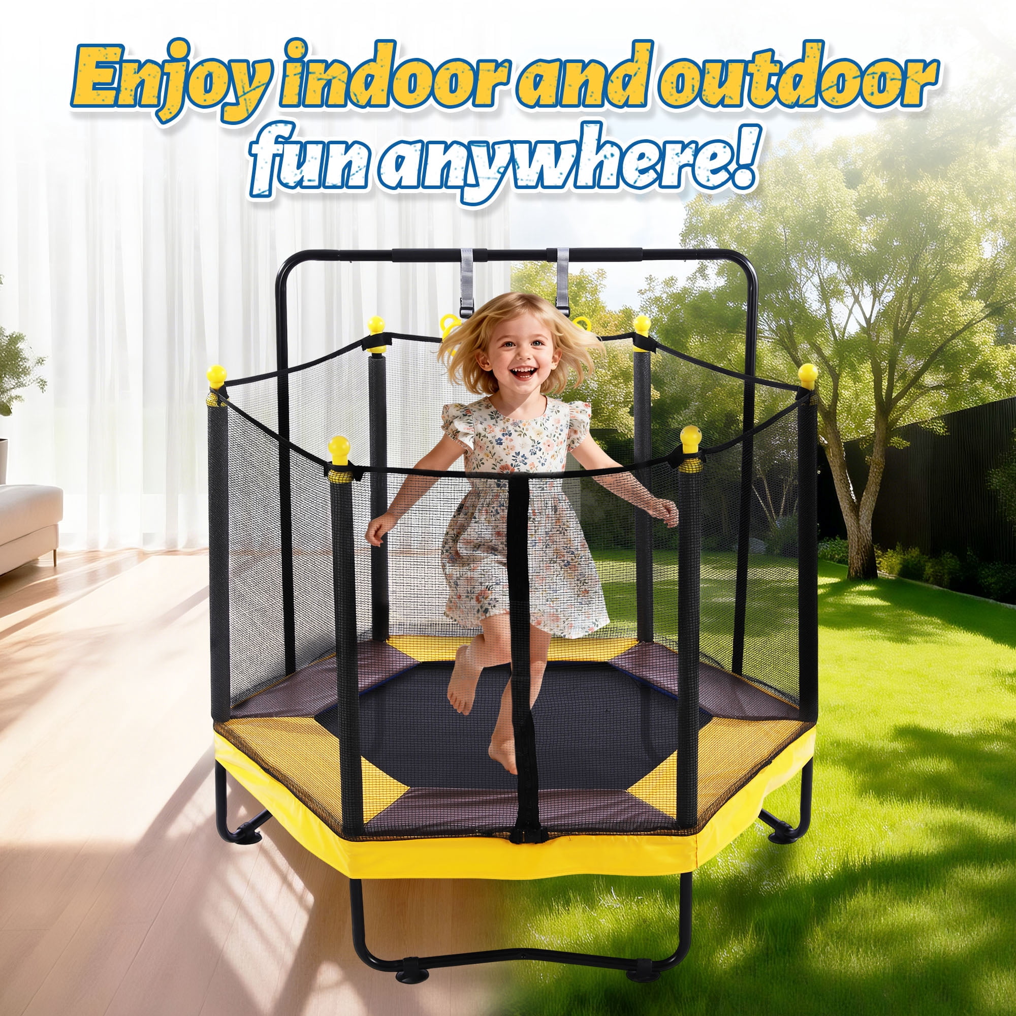 54" Kids Trampoline with Swing, Horizontal Bar, SEGMART 4-in-1 Oval Toddler Trampoline with Enclosure Safety Net, Outdoor Indoor Backyard Recreational Trampoline for Kids, Toddlers, Baby