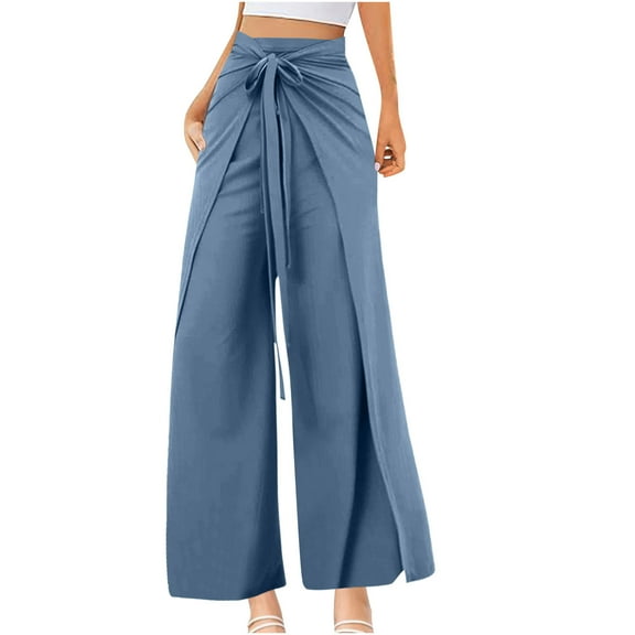 Lenpel Women's Wide Leg Pants Trendy High Waisted Tie Front Wrap Palazzo Beach Pants Casual Loose Trousers