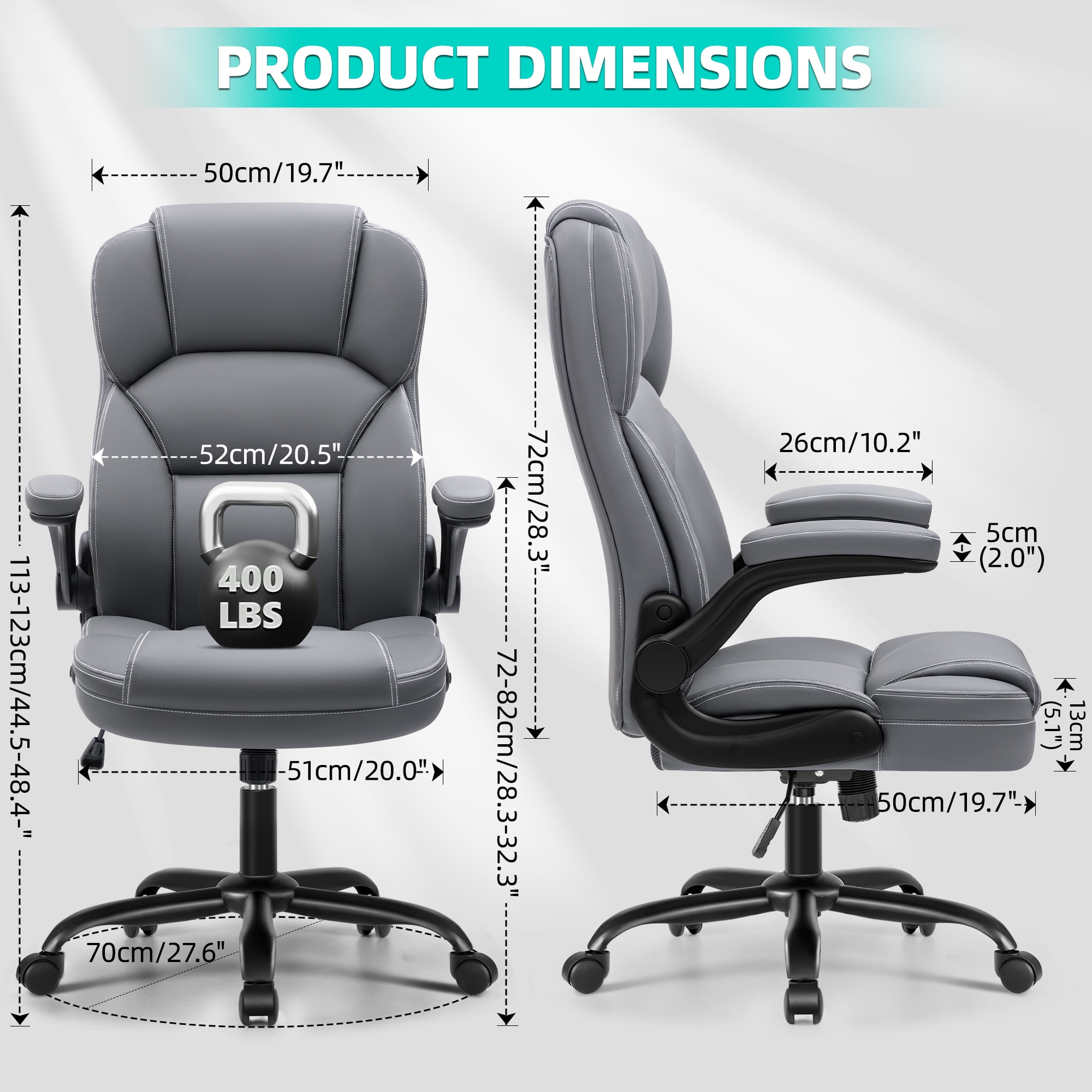 COOLHUT Bige and Tall Executive Office Chair 400lbs, Ergonomic PU Leather Computer Desk Chair with Flip-Up Armrests, Comfy Heavy Duty Office Chair for Home Office Gaming, Gray