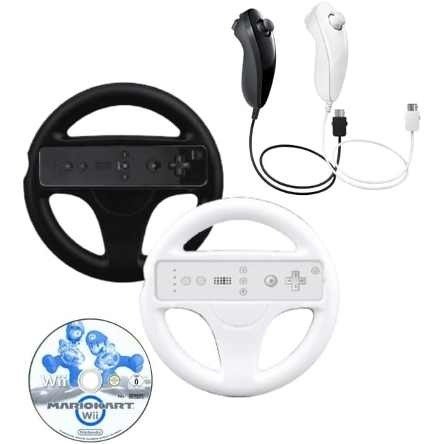 RetroFam 7-in-1 Racing Bundle for Wii & Wii U: 2 Racing Wheels, 2 Remote Controllers, 2 Nunchucks for Wii/Wii U & Mario Kart Wii Game (Used) - Complete 2-Player Multiplayer Set - Black & White