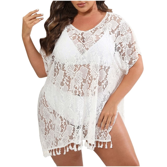 Plebaso Paréo pour Femmes Grande Taille Bikini Dentelle Ajourée Robe de Plage