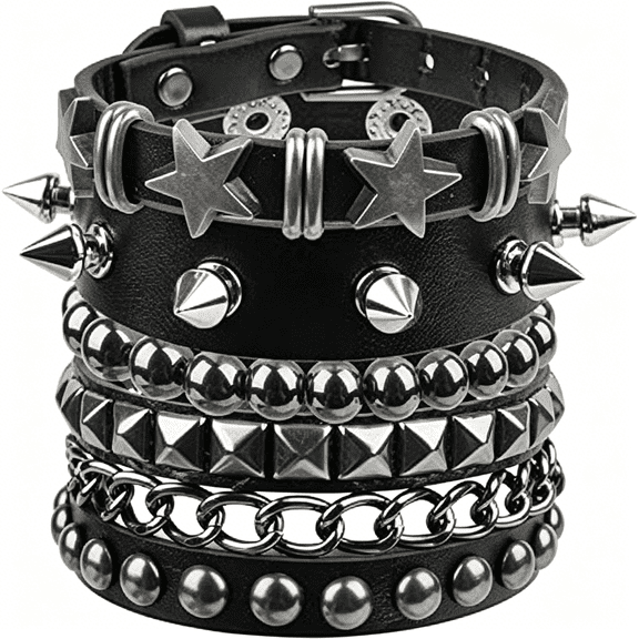 DESIGNICE 4 Pcs Studded Bracelet Set Leather Cuff Bracelets for Men Women 80S Accessories