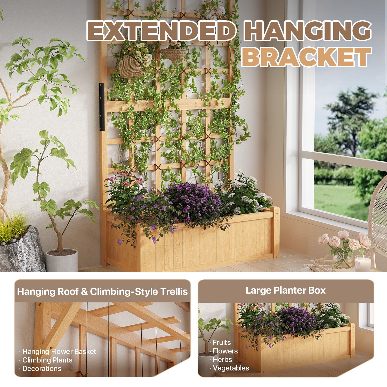 BaPiPro Tall Wood Planter Box with Trellis - 35"W x 72"H Raised Garden Bed with Hanging Roof, Outdoor Elevated Planter for Climbing Plants, Flowers