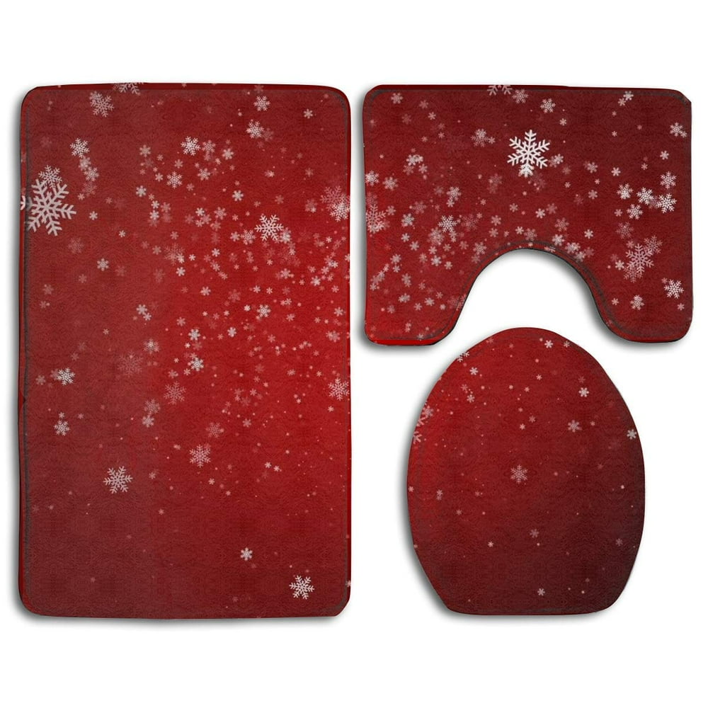 PUDMAD Christmas Red 3 Piece Bathroom Rugs Set Bath Rug Contour Mat and