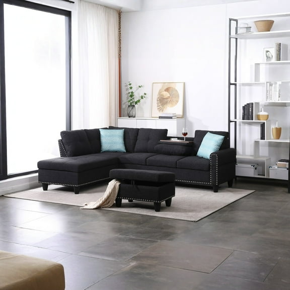 Hommoo L-Shaped Upholstered Sectional Sofa Couch with Storage & Cup Holders, Linen Living Room Sofa Set, With Ottoman, Charcoal grey