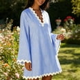thumbnail image 5 of SETOOFF Women Vertical Stripe Mini Tunic Dress V Neck Wavy Trim Bell Long Sleeve Loose Shift Dress Beach Cover Up Casual Vacation Daily Dress, 5 of 8