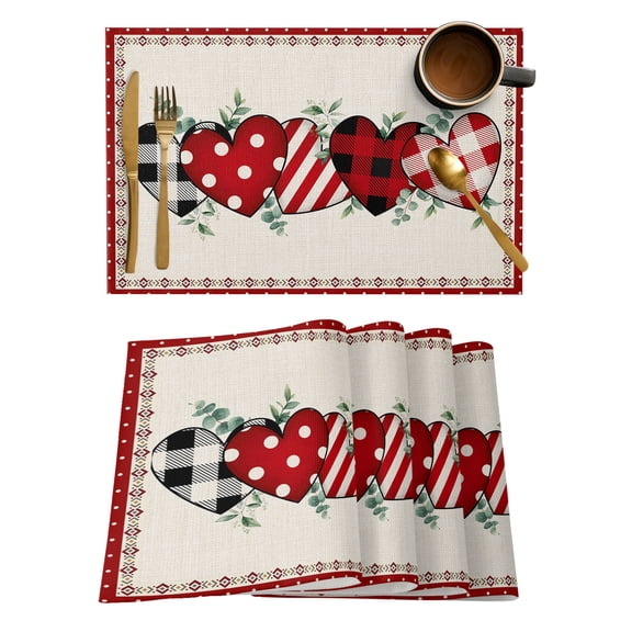 Valentine's Day, Placemats Set of 6, Romantic Love Eucalyptus Boho Plaid Red Pink Placemats for Dining Table, Place Mats for Kitchen Tabletop, Waterproof Wipeable Dining Table Mats Set