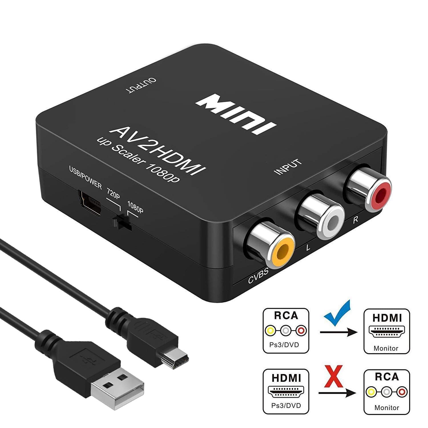to HDMI, Coolmade 1080P RCA Composite CVBS AV to Video Audio Converter Adapter Supporting PAL/NTSC with USB Charge Cable for PC Laptop Xbox PS4 PS3 TV STB VHS