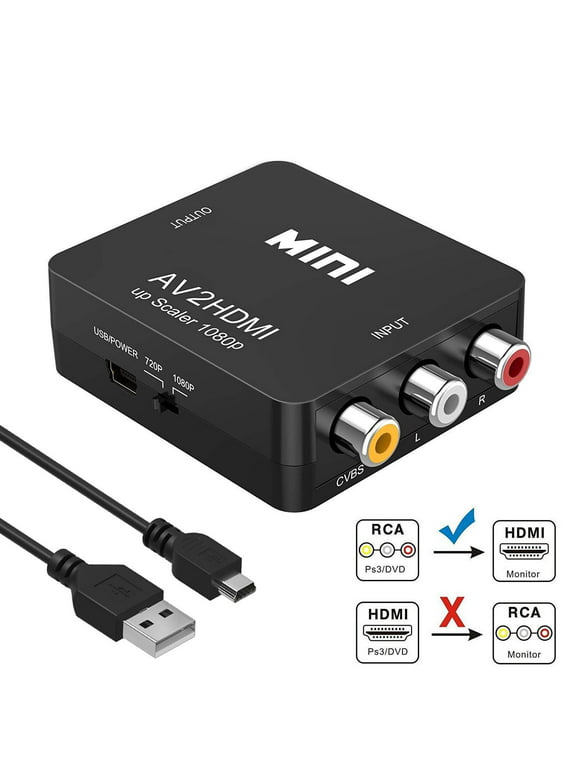 RCA to HDMI, Coolmade 1080P Mini RCA Composite CVBS AV to HDMI Video Audio Converter Adapter Supporting PAL/NTSC with USB Charge Cable for PC Laptop Xbox PS4 PS3 TV STB VHS VCR Camera DVD