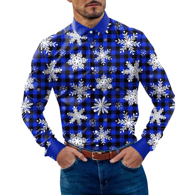 Camisas Vaqueras Para Hombre Camisa de manga larga con botón de solapa y estampado a cuadros informal para hombre (Blue, L)