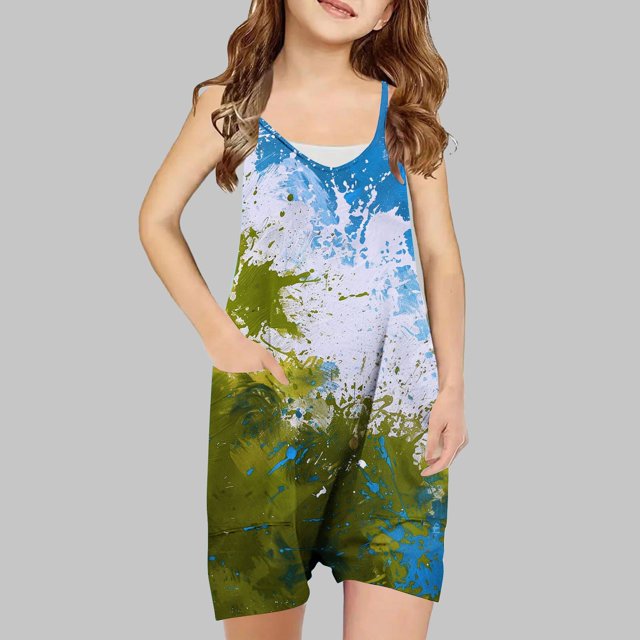 Sentmoon Girls Overalls V Neck Spaghetti Strap Short Rompers Independence Day Print Side Pockets Sleeveless Loose Jumpsuits Fourth of July Summer Comfy Kids for Tropical Vacation Khaki 13 Years