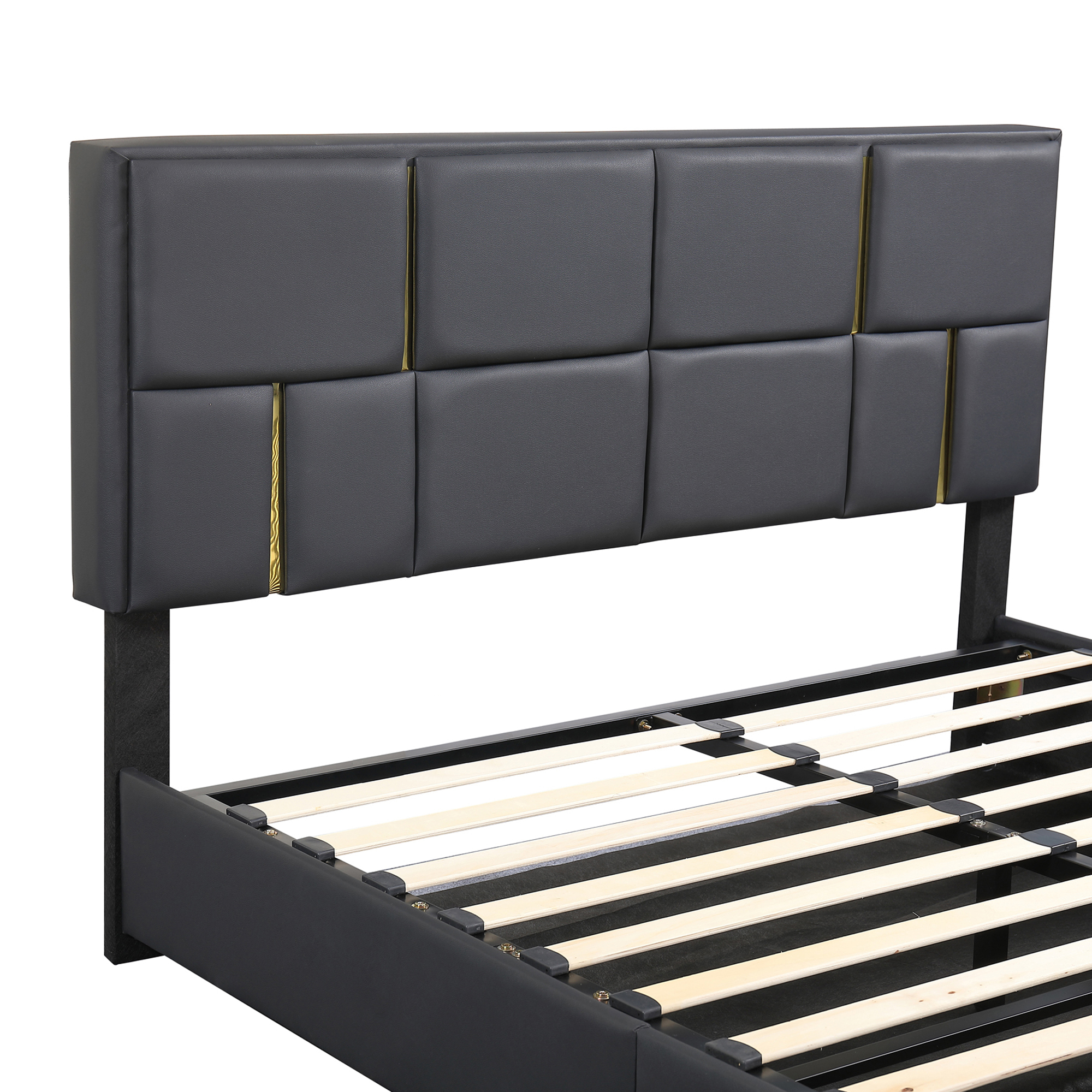 Euroco Upholstered 2 Pieces Bedroom Furniture Set, Queen Size Platform Bed with Hydraulic Storage System and Storage Ottoman, Black