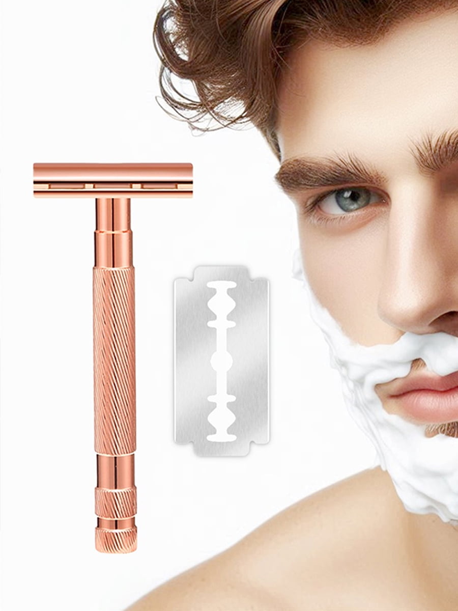 Waysh Classic Double Edge Safety Razor Gift Set for Men with Knurled Non-Slip Handle, Includes Stand & 20 Blades, Rose Gold