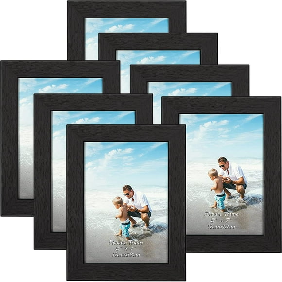 5x7 Picture Frame, Black Woodgrain 5 by 7 Frames for Photo Painting, Wall or Tabletop Display, 7 Pack
