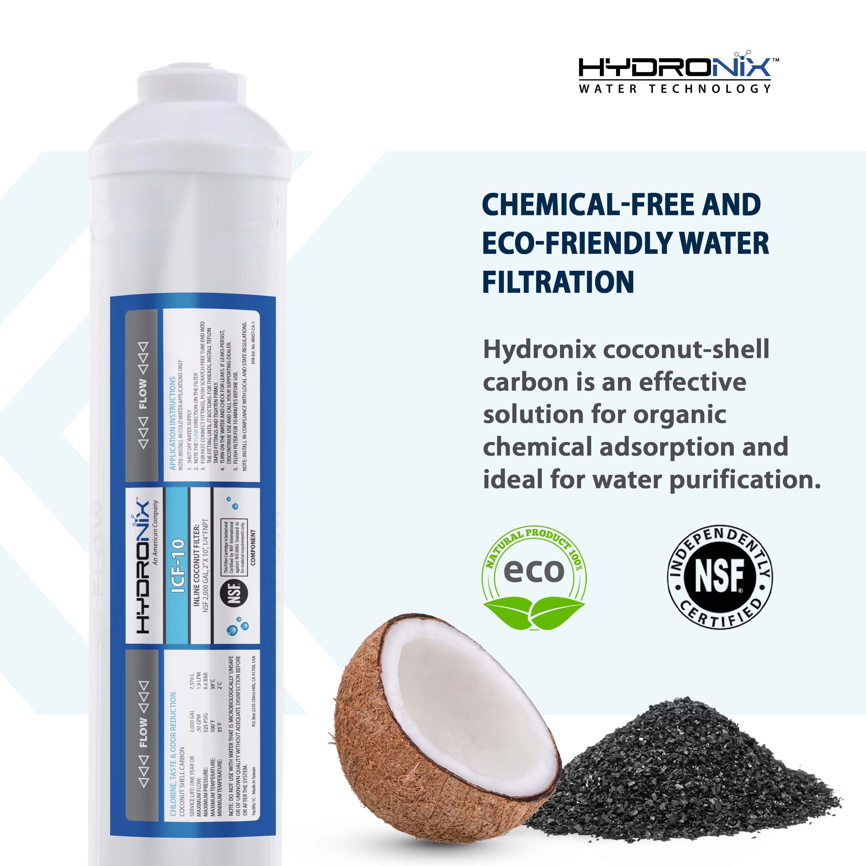 5 Pack - Hydronix ICF-10 Reverse Osmosis Post Polishing, Fridge & Ice Inline Coconut GAC Water Filter, 2000 Gal 1/4" NPT