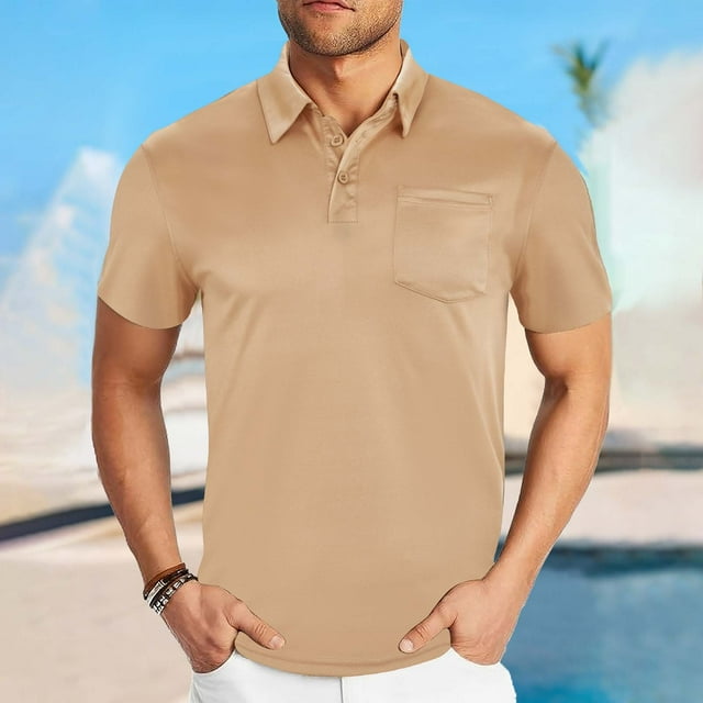 Styesk T Shirts for Man Men Solid Color Breathable Motion Pocket Button Short Sleeve Turndown Collar Blouse