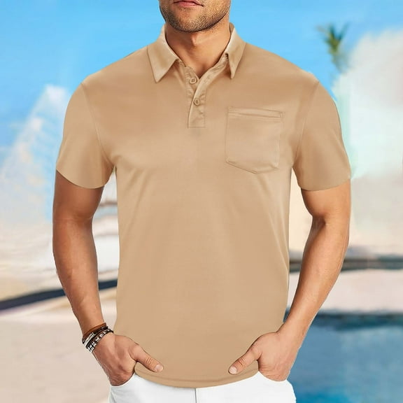 Yaoyar Mens Collared T-Shirt Solid Color, Breathable, Sporty, Pocket, Button, Short-Sleeved, Collared Top Moisture Wicking Dry Fit Performance Daily Casual Stylish Collared Shirts