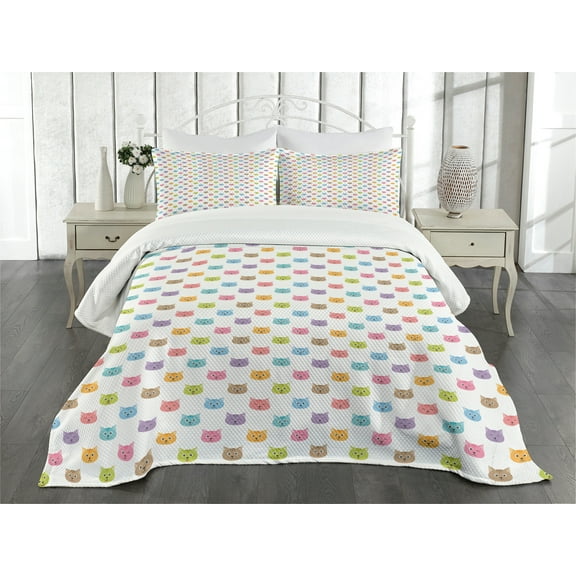 Ambesonne Cat Quilted Bedspread Set 3 Pcs, Colorful Faces, Queen Size, Multicolor