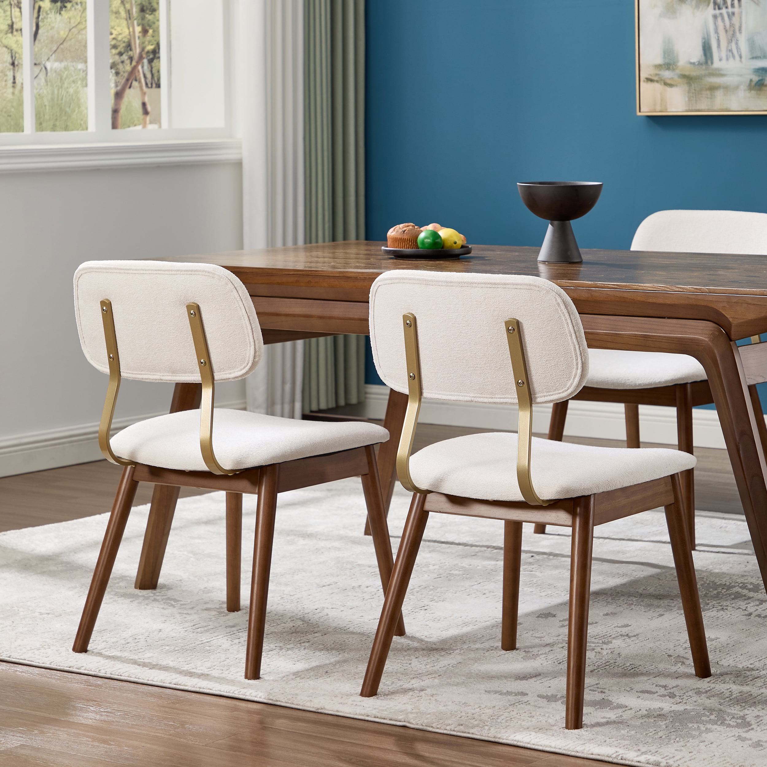 Garitin Dining Chair Set of 2 and Wooden Side Chairs, Fabric Upholstered Seating with Curved Backrest for Kitchen and Dining Room, Beige