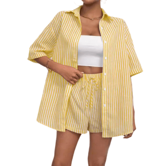 LYMAYTER Women's Summer Stripes 2 Piece Button-Down Shirt & Shorts Breathable Comfort Set XS-XL