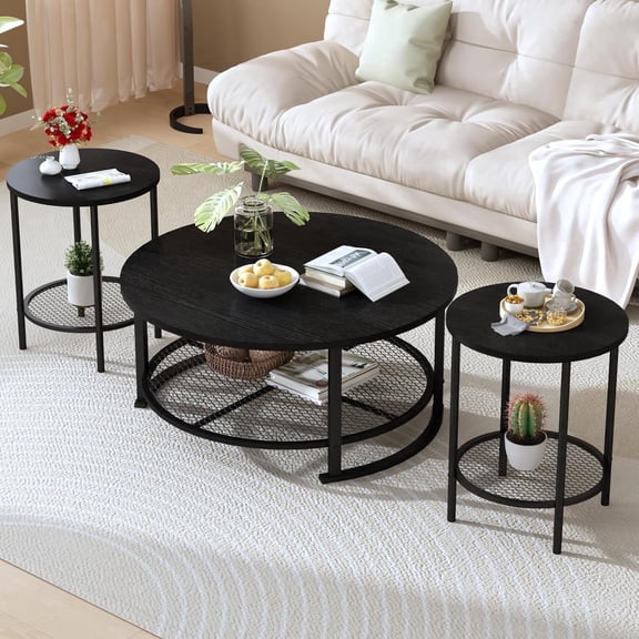 Baxluxe Round Coffee Table Set of 3, Wooden Living Room Center Table with 2 End Tables, Middle Table and Side Tables Set with Storage Shelves, 3 Pieces Tea Table Set for Home, Office, Black