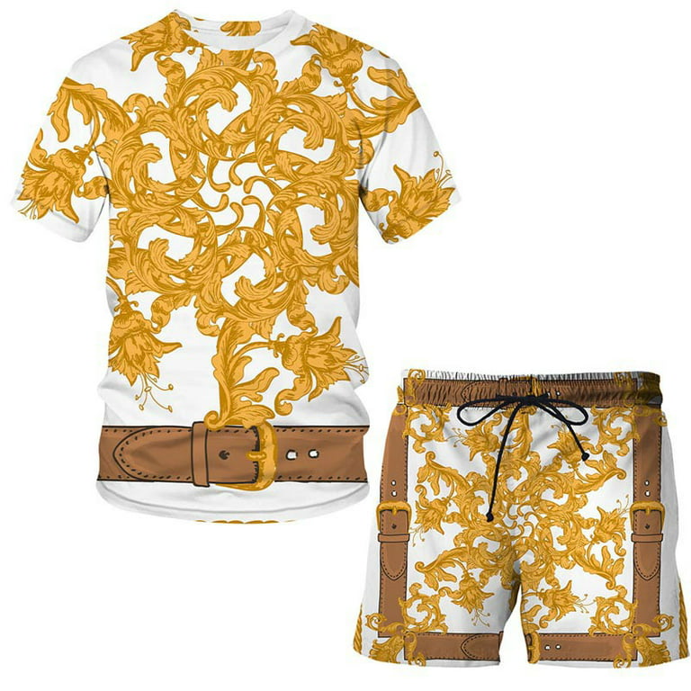 Men's Short Sleeve T Shirts and Shorts Set Gold Chain 3D Digital