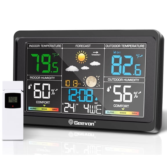 Geevon Weather Station Wireless Indoor Outdoor Thermometer, Color Display Digital Weather Thermometer with Alarm Clock, Barometric Pressure, Calendar, USB Charge, and Backlight(350°view angle)