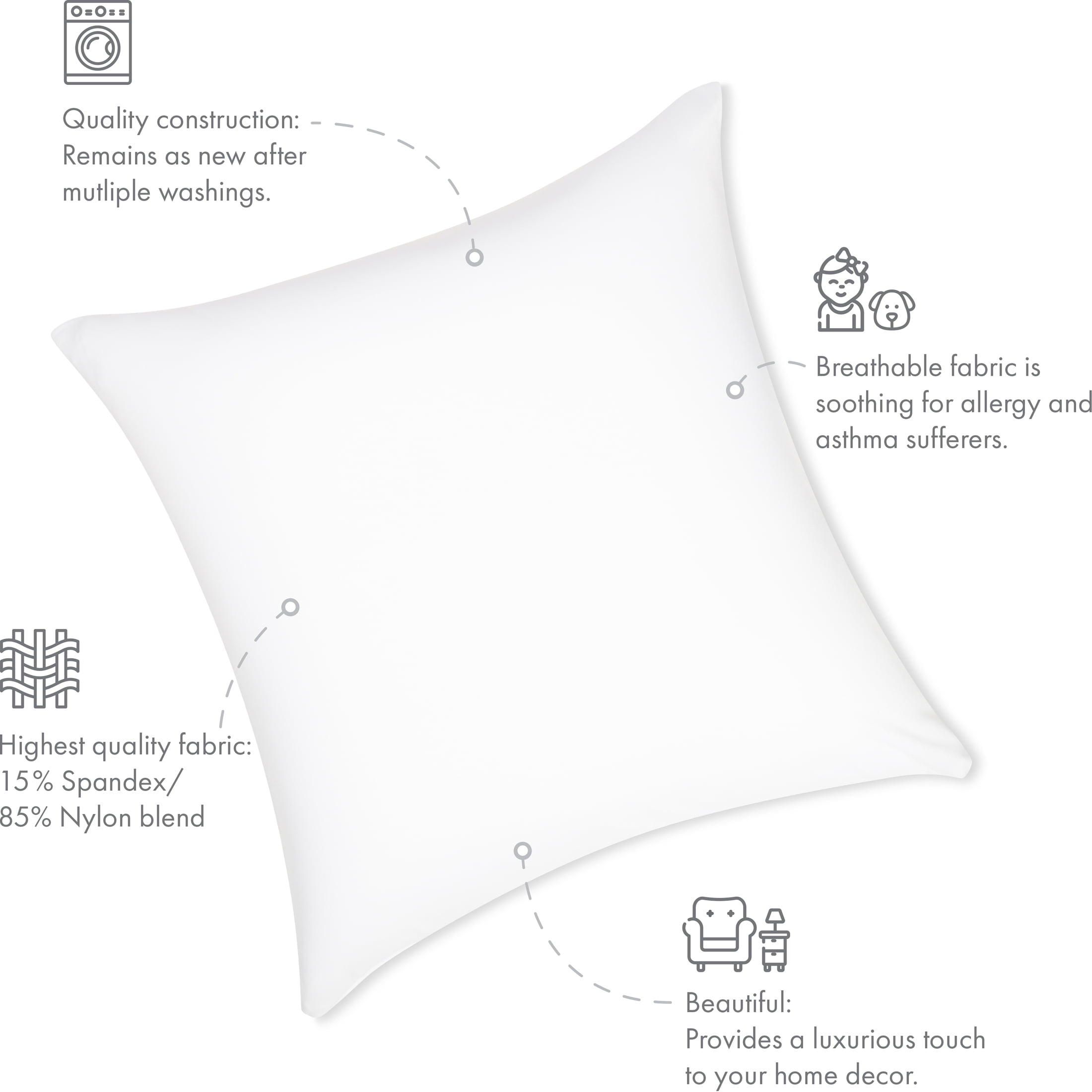 24" x 24" Throw Pillow – White: 1 PCS Luxurious Premium Microbead Pillow With 85/15 Nylon/Spandex Fabric. Forever Fluffy, Outstanding Beauty & Support. Silky, Soft & Beyond Comfortable