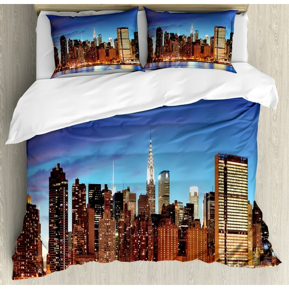 NYC Scene Duvet Cover Set King Size, Manhattan Town Panorama at Dusk with High Towers and the River, Decorative 3 Piece Bedding Set with 2 Pillow Shams, Dark Violet and Multicolor, by Ambesonne